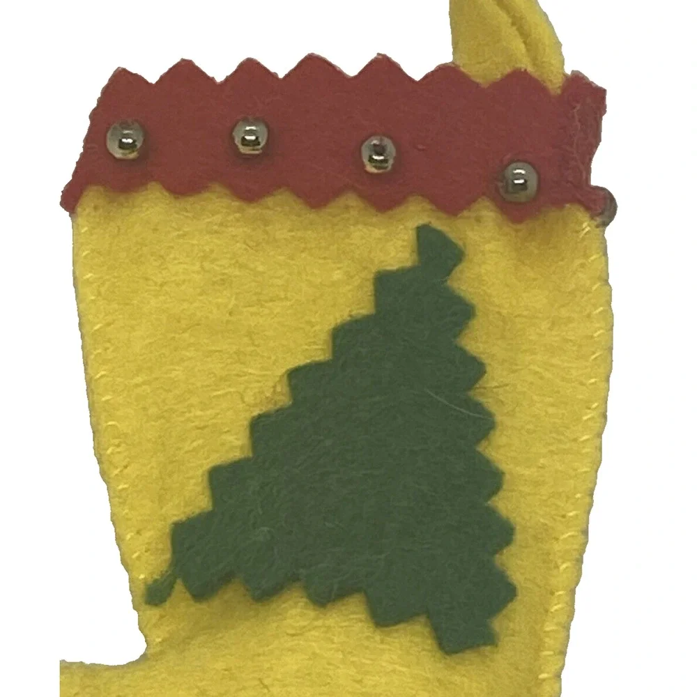 Vintage Christmas Stocking 3 1/2” Felt Yellow Red Green Beads Tree Holiday Gift